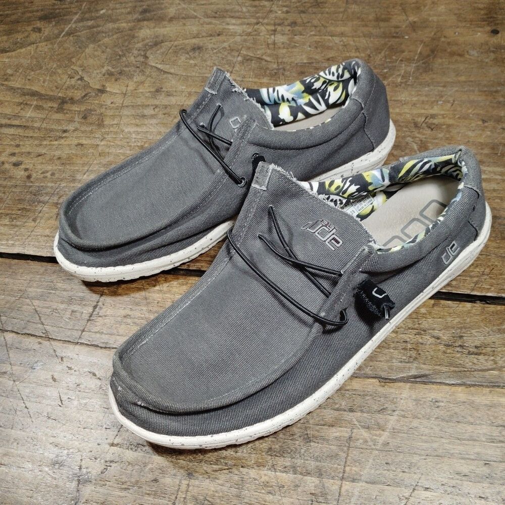 Hey Dude Wally Stretch Men's Sz 13 Canvas Slip On Shoes Loafers Black Gray Boat